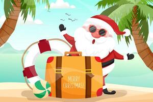 Santa Claus wearing santa suit. Summer Santa Claus with luggage and swim ring he has a rest on beach tropical ocean background. vector