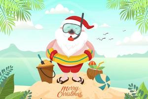 Santa Claus wearing swim ring. Summer Santa Claus with scuba he has a rest on beach tropical ocean background. vector