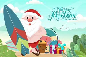 Santa Claus wearing swim suit. Summer Santa Claus with surfboard he has a rest on beach tropical ocean background.