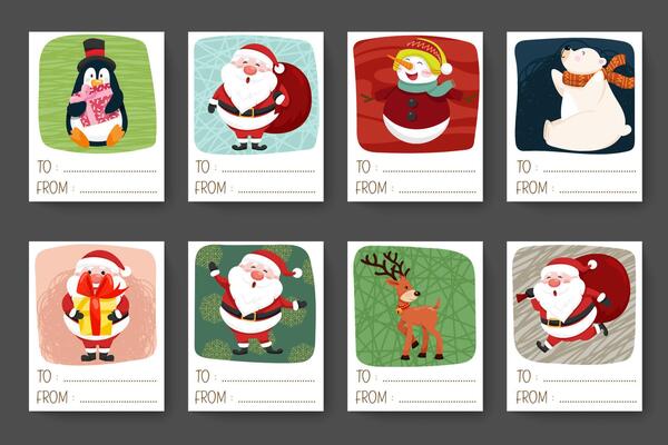 Set of christmas and happy new year greeting cards and postcard.