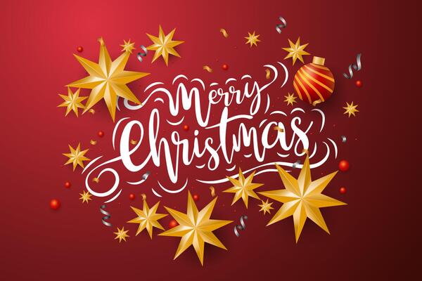 Merry Christmas and Happy New Year banner. Xmas background with star and balls design on red backgroud.