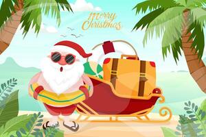 Santa Claus wearing swim ring. Summer Santa Claus with luggage and swim ring on sleigh he has a rest on beach tropical ocean background. vector