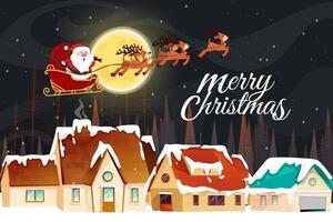 Santa Claus sled over rooftop and chimney at the Christmas night with full moon and snowy. vector