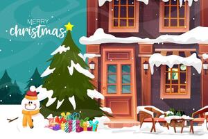 Vector illustration of Cityscape winter scenery with christmas tree and snowman in snowfall.