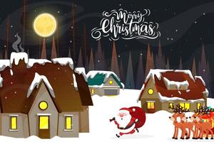 Santa Claus sled over snow at the Christmas night with full moon and snowy. vector