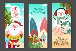 banner de fondo de feliz navidad y año nuevo. santa claus, muñeco de nieve en la pancarta de la playa. vector