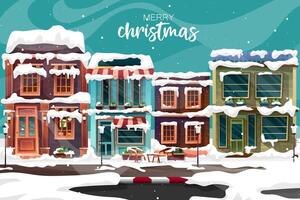 Vector illustration of Cityscape winter scenery in snowstorm. Urban background A peaceful townscape set in snow all over Christmas.