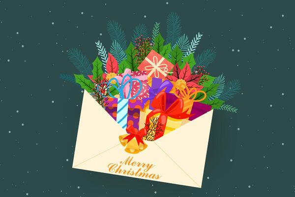 Christmas card with gift box in envelope on night background