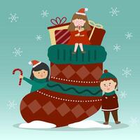 Man and woman vector character cute Christmas socks and stuffed gift boxs inside.