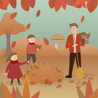 Father and kids sweeping leaves in autumn season vector