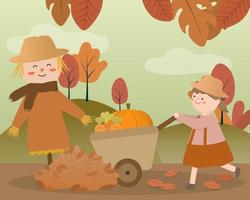 Lovely girl use a cart with pumpkin and scarecrow vector