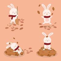 Cute Rabbit in difference action during sweeping leaves vector