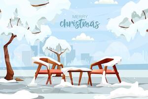 landscape Snow covered tree and wooden bench with street lamp. vector