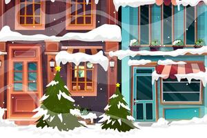 Vector illustration of Cityscape winter scenery with christmas tree and snowfall.