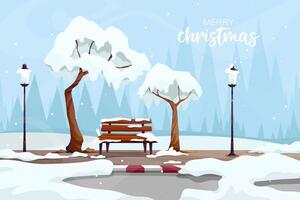 Landscape Snow covered tree and wooden bench with street lamp. vector