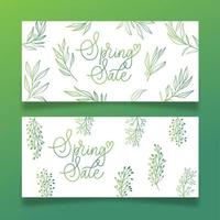 banners de venta de primavera dibujados a mano con ramas y letras. vector