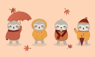 Set of lovely sloth in different gesture on autumn day vector