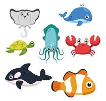 Set of sea creatures on white background vector