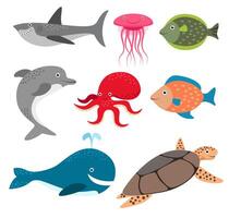 Set of sea creatures on white background vector