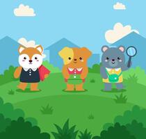 set of cute animal hiking and camping in nature outdoor vector