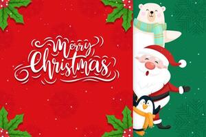 Merry Christmas and New Year background banner. Santa, bear and penguin with ornament. vector