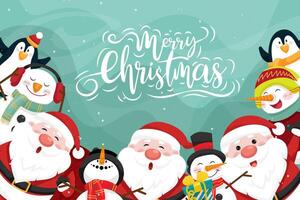 feliz navidad y próspero año nuevo banner santa claus, muñeco de nieve y pingüino con cajas de regalos vector