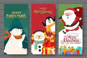 banner de fondo de navidad y año nuevo. estandarte de santa claus, pingüino, muñeco de nieve y oso. vector