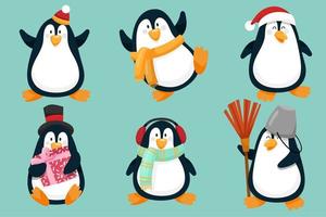Penguin characters in various poses and scenes. Merry Christmas cutout element vector