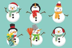 Snowman characters in various poses and scenes. Merry Christmas cutout element vector