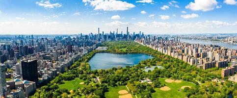 Central Park aerial view in Manhattan, New York. huge beautiful park is surrounded by skyscraper
