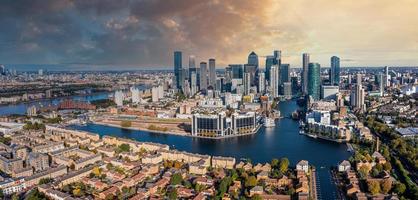 Aerial panoramic view of the Canary Wharf business district in London, UK. photo