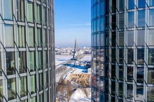 Riga, Latvia. February 10, 2020. Aerial view of the Z Towers in Riga, Latvia during cold sunny winter day.