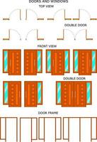 set of drawings. Top view, front view and door frame with color doors icon vector