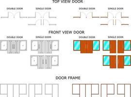 Top View Door, Front View Door and Door Frame outline vector