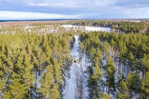 Aerial view of winter forest covered in snow. drone photography