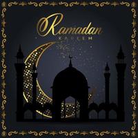 ramadan kareem diseño islámico luna creciente y silueta de cúpula de mezquita con patrón árabe y caligrafía. vector