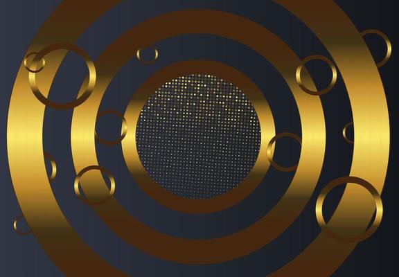 Golden sparkling ring with golden rings and circles on black background.