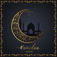 Ramadan Kareem islamic design crescent moon and mosque dome silhouette with arabic pattern and calligraphy. vector