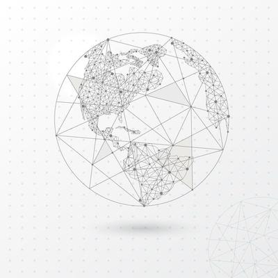 Ball planet earth digitally drawn in low poly triangle shape.