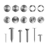 3d realistic illustration of stainless steel bolts, nails and screws on white background. vector