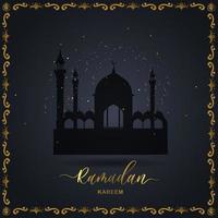 Ramadan Kareem islamic design crescent moon and mosque dome silhouette with arabic pattern and calligraphy. vector