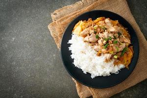 stir-fried pork with garlic and egg topped on rice photo