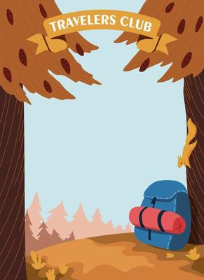 Two orange trees with cones frame the illustration, a squirrel came down to look at a hiking blue backpack with a sleeping bag.