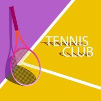 ilustración vectorial brillante. raqueta de tenis rosa en una cancha de tenis de color amarillo y morado. vector