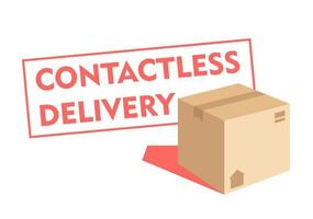 Delivery service. Stamp - Contactless delivery in pink text on a white isolated background. Craft box close-up with a pink shadow. vector