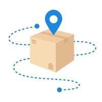 Delivery concept with destination. Craft box isolated. The dashed line shows the route. A large blue GPS icon stands on a box. vector
