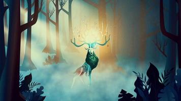 Loop-Animation von Hirschen mit leuchtenden Hörnern in einem mystischen Wald