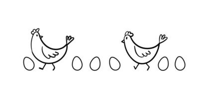 Two hens go and lay eggs. Vector stock illustration black outline isolated. Hand-drawn doodle chickens with eggs on a white background.