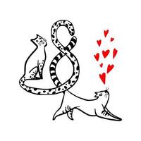 Cartoon cats twisted their tails into the number 8. Isolate line drawn black cats on a white background with red hearts. vector