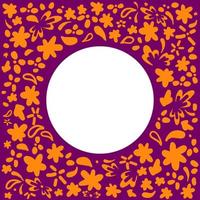 Floral frame orange flowers on a purple background. Vector frame with round place for text.